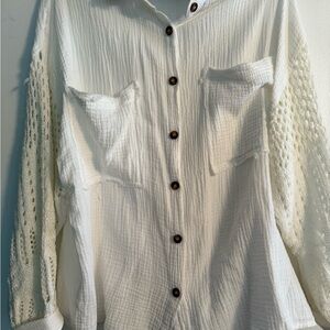 White Button-Up Blouse with Lace Sleeves